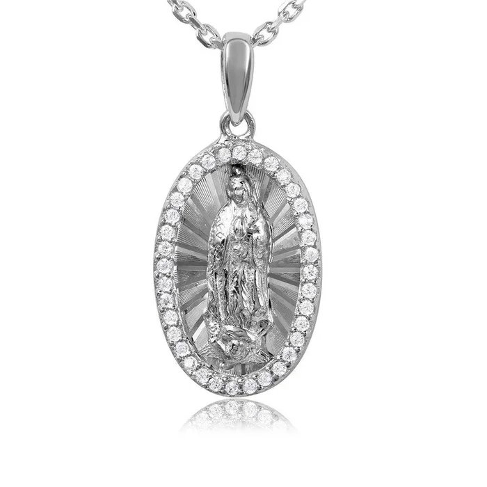 Silver 925 Rhodium Plated Oval CZ Frame Medallion with Chain – GMP00005RH