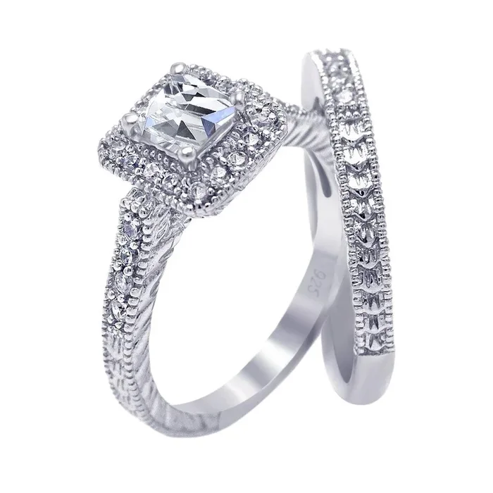 Silver 925 Rhodium Plated Pave Clear Square Cluster CZ Engagement Ring Set – ACR00025