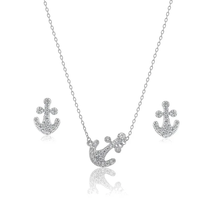 Silver 925 Rhodium Plated Pave Set Clear Anchor CZ Stud Earring and Necklace Set – BGS00307