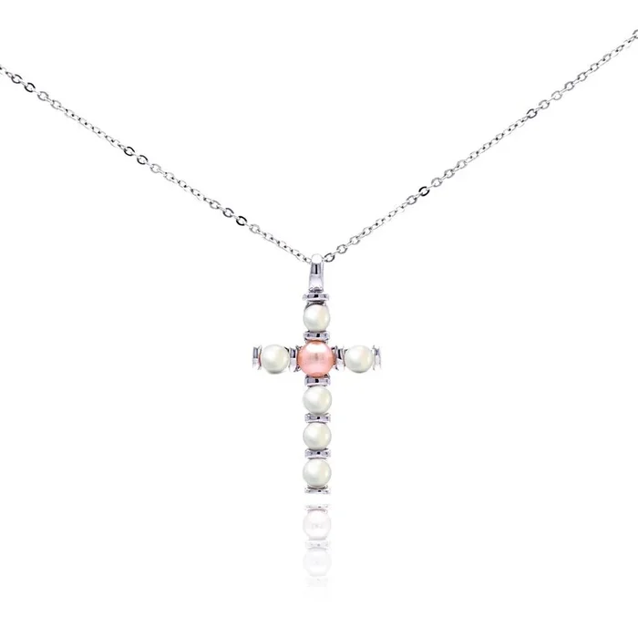 Silver 925 Rhodium Plated Pearl Cross Necklace – BGP00294