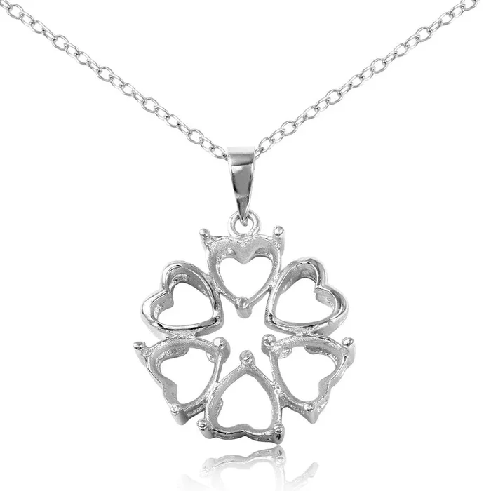 Silver 925 Rhodium Plated Personalized 4 Hearts Mounting 2 Open Heart Flower Necklace – BGP00785