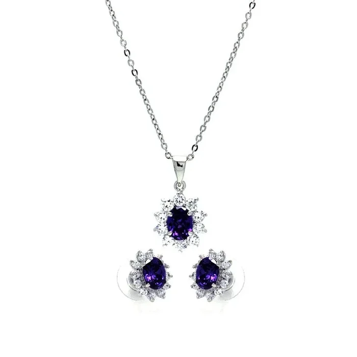 Silver 925 Rhodium Plated Purple and Clear Cluster Flower CZ Stud Earring and Dangling Necklace Set – BGS00160