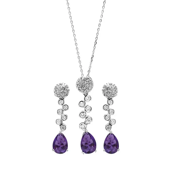Silver 925 Rhodium Plated Purple Teardrop and Clear Round CZ Hanging Stud Earring and Hanging Necklace Set – BGS00296