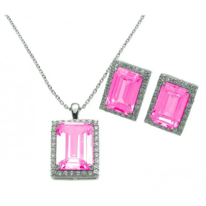 Silver 925 Rhodium Plated Rectangle Pink CZ Stud Earring and Necklace Set – STS00275-PNK
