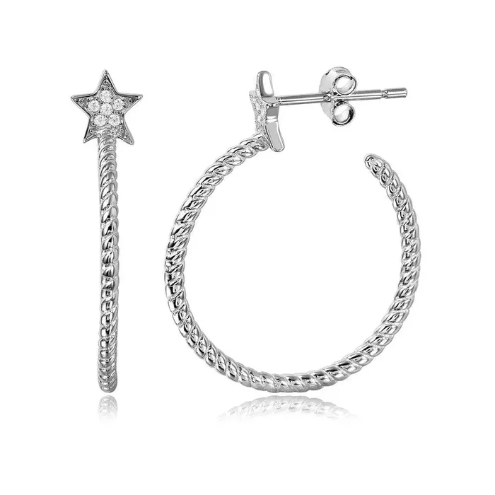 Silver 925 Rhodium Plated Rope Designed Semi Hoop Earrings on a CZ Star – STE01058