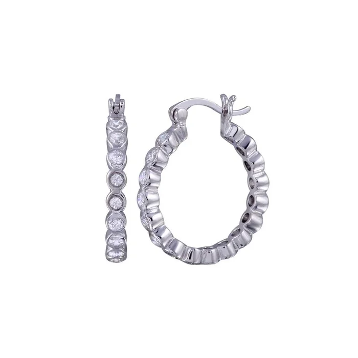 Silver 925 Rhodium Plated Round CZ huggie hoop Earrings – STE00287
