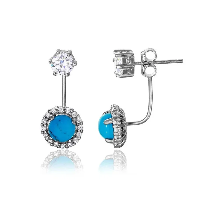 Silver 925 Rhodium Plated Round CZ with Hanging Round Turquoise Earrings – BGE00474