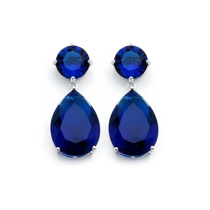 Silver 925 Rhodium Plated Round Teardrop Blue CZ Dangling Stud Earrings – BGE00858BLUE