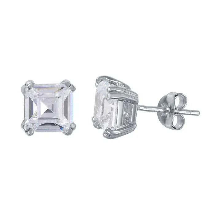 Silver 925 Rhodium Plated Square CZ Solitaire Stud Earrings – BGE00452