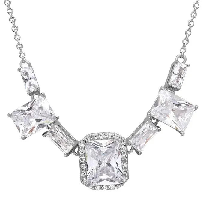 Silver 925 Rhodium Plated Square Halo Center 7 CZ Necklace – STP01521