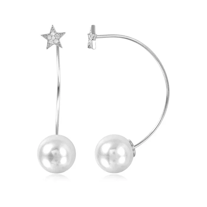 Silver 925 Rhodium Plated Star Earrings with Hanging Synthetic Pearl – STE01050