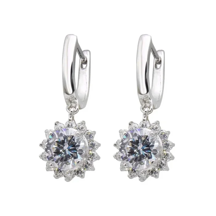 Silver 925 Rhodium Plated Sun CZ Dangling huggie hoop Earrings – BGE00119