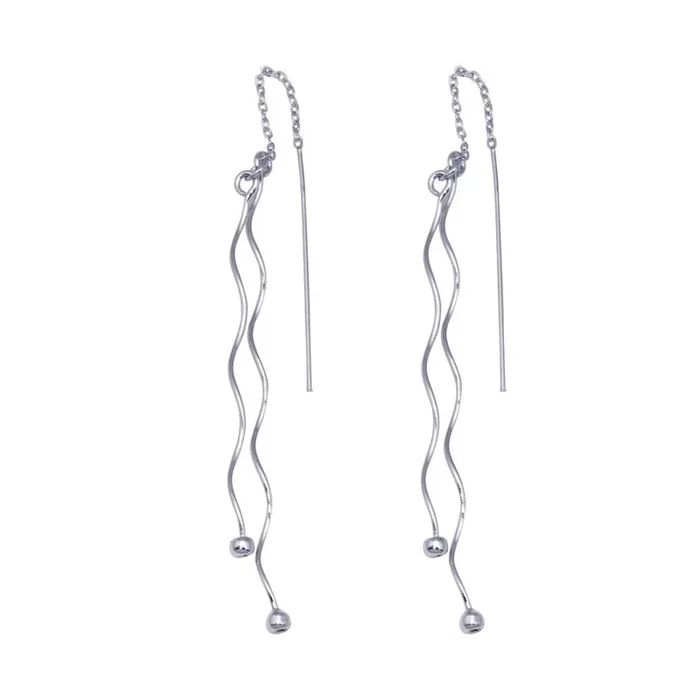Silver 925 Rhodium Plated Two Twisted Wire Threaded Hanging Ball Hook Earrings – DSE00046