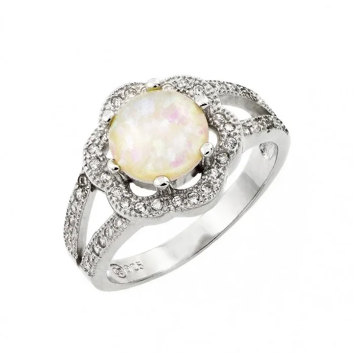 Silver 925 Rhodium Plated White Opal Center Clear Cluster CZ Flower Ring – STR00992