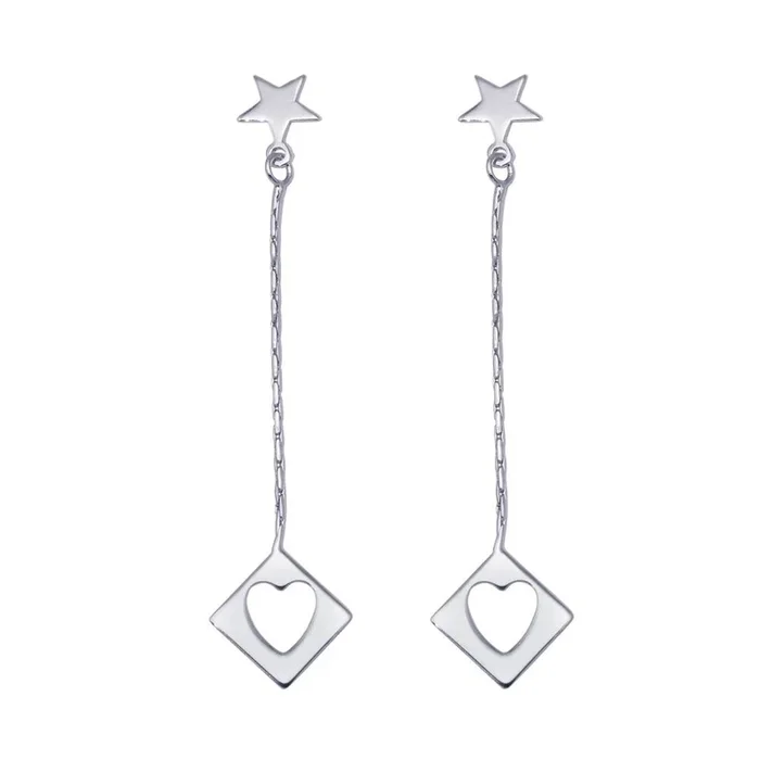 Silver 925 Rhodium Plated Wired Dangling Square Open Heart Stud Earrings – DSE00028