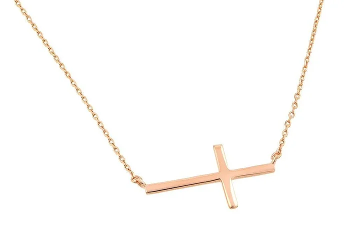 Silver 925 Rose Gold Plated Plain Sideways Solid Cross Pendant Necklace – BGP00821RGP