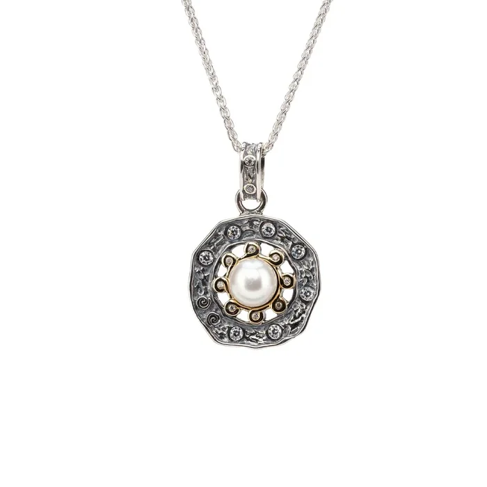 Silver and 10k Gold Aphrodite Circle Spoke Pendant – White Fresh Water Pearl