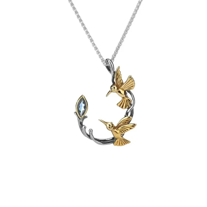 Silver and 10k Gold Double Hummingbird Pendant – Blue Topaz/Rhodolite/White Topaz/Peridot