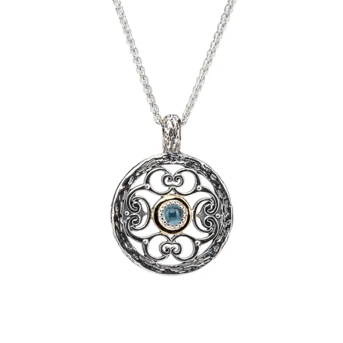 Silver and 10k Gold Filigree Whirlpool Pendant – Sky Blue Topaz