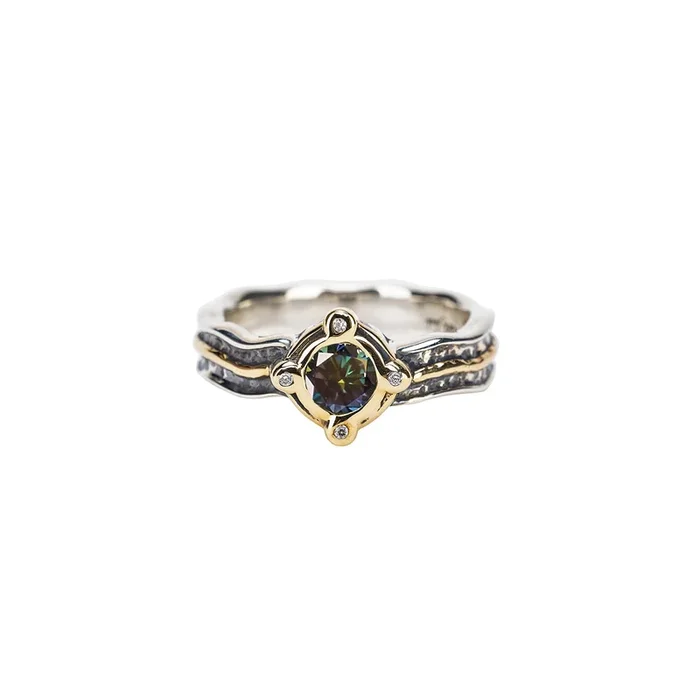 Silver and 10k Gold Rocks ‘n Rivers Ring – Mystic Blue Moissanite