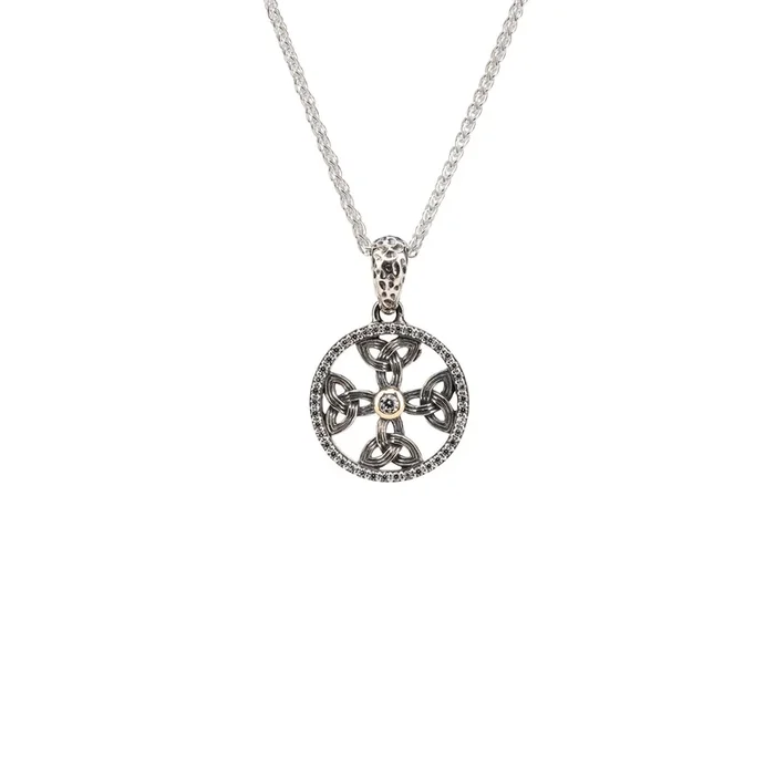 Silver and 10k Gold Small Celtic Trinity Circle Cross Pendant – Cubic Zirconia