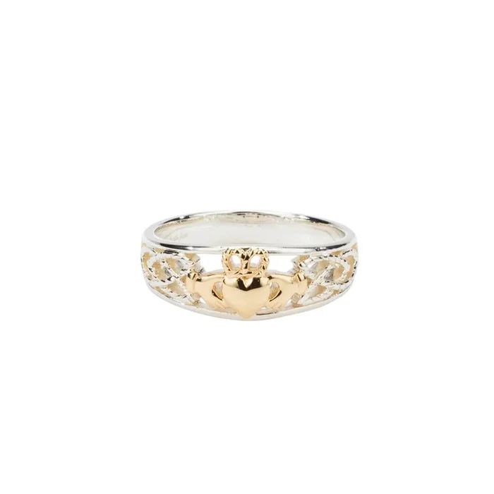 Silver and 10k Yellow or Rose Gold Claddagh Ring Small