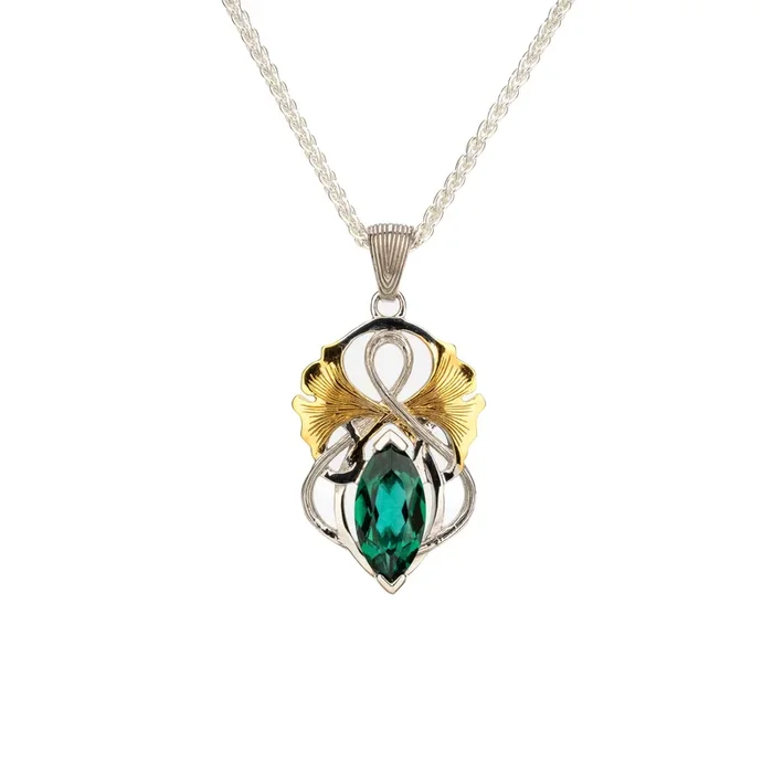 Silver and 18k Vermeil and Lab Grown Emerald Alchemy Ginkgo Leaf Angel Pendant