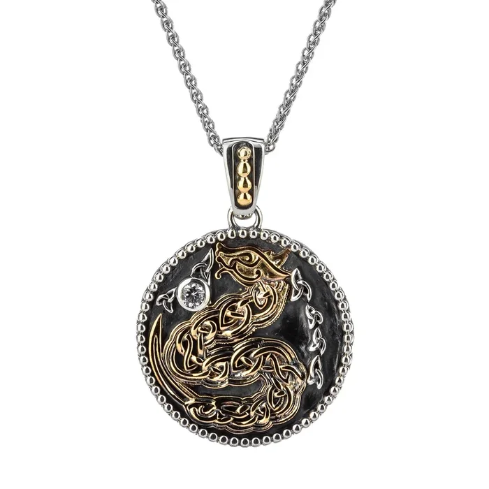 Silver and Yellow or Rose Gold Medallion Dragon Reversible Pendant