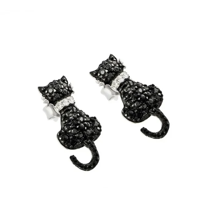 Silver Black and Silver Rhodium Plated Cat Black and Clear CZ Dangling Stud Earrings – STE00904