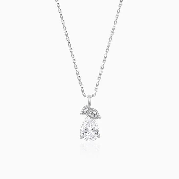 Silver Leafy Teardrop Pendant With Link Chain