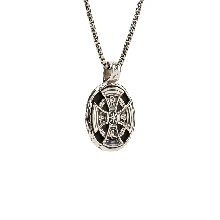 Silver or Silver and Bronze Celtic Cross Oval Pendant Large