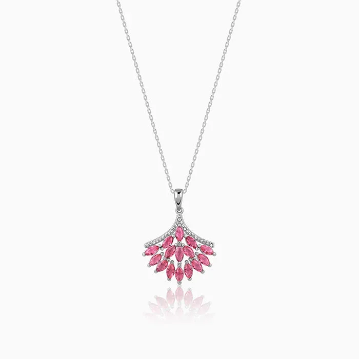 Silver Pink Floret Pendant With Link Chain
