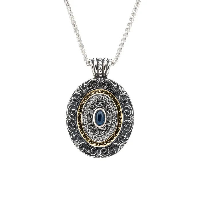 Silver With 14k Gold Gilding Filigree Oval Shield Pendant – Lab Grown Blue Sapphire
