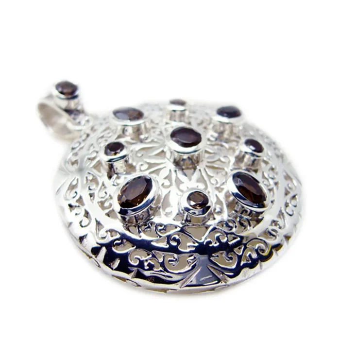 Smoky Quartz Chunky Spanish 925 Silver Navratna Yasmine Retro Brown Pendant Jewelry