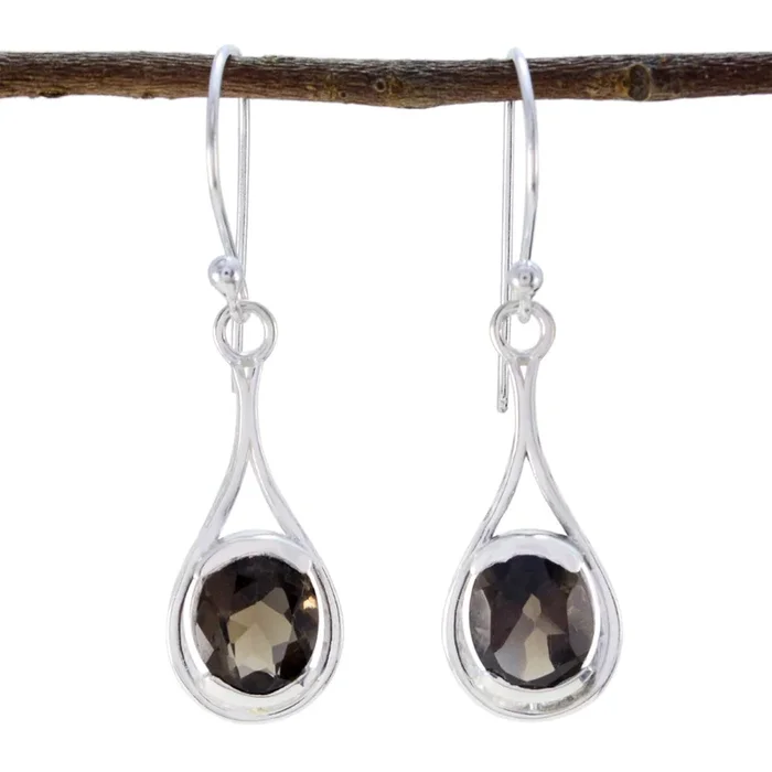 Smoky Quartz French Amanda Solitaire Dangle Brown Sterling Silver Earring