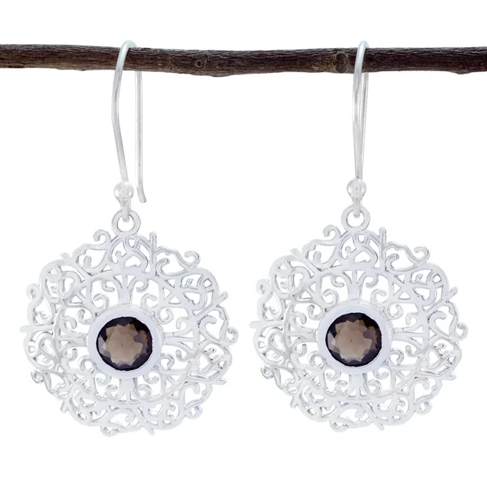 Smoky Quartz German Nella Solitaire Dangle Brown Silver Earring