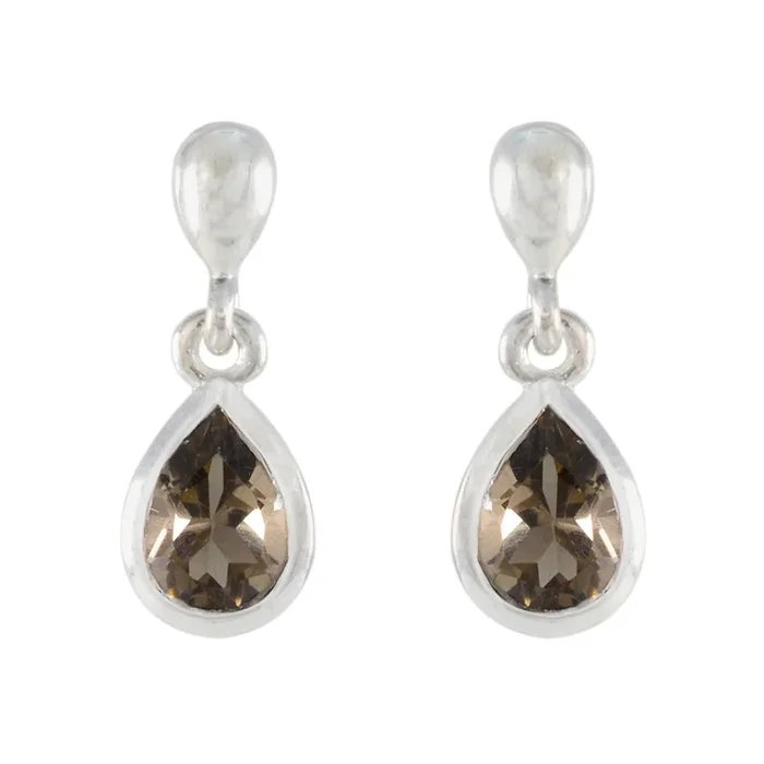 Smoky Quartz Korean Yasmin Solitaire Stud Brown Silver Earring