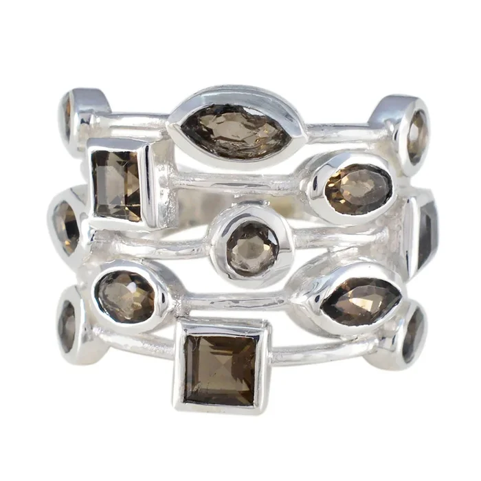 Smoky Quartz multiple Russian Silver Brown Gemstone Eye-catching Abstract Ring Jewelry