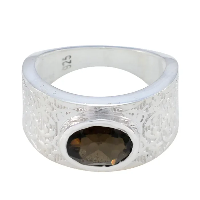 Smoky Quartz Solitaire Russian 925 Silver Brown Gems Essential Art Deco Ring Jewelry