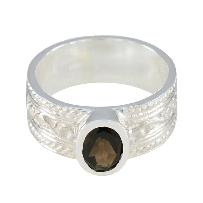 smoky quartz Solitaire Russian Silver Brown Gemstones Mid-weight Art Deco Ring Jewelry