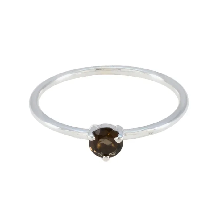 Smoky Quartz Solitaire Turkish Sterling Silver Brown Gemstones Minimalist Trendy Ring Jewelry