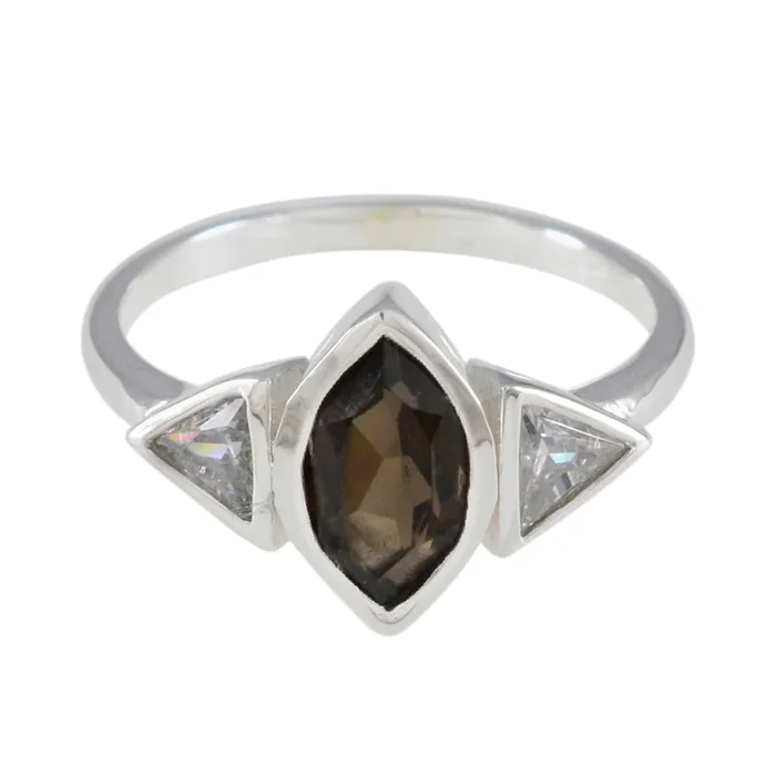 Smoky Quartz Trilogy Korean 92.5 Silver Brown Gemstones Whisper-thin Modern Ring Jewelry