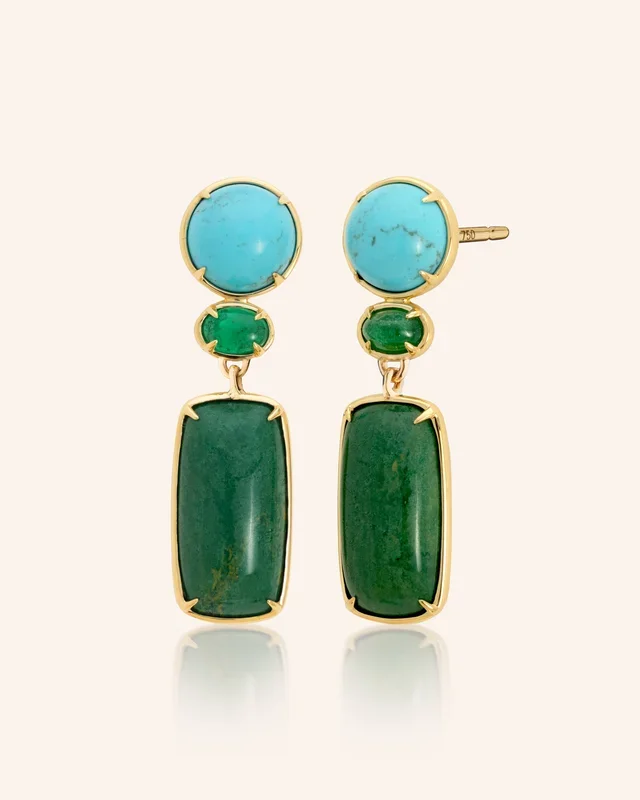 Special Edition “Terra” Drop Earrings with Turquoise, Emerald and Verdite Cabochons