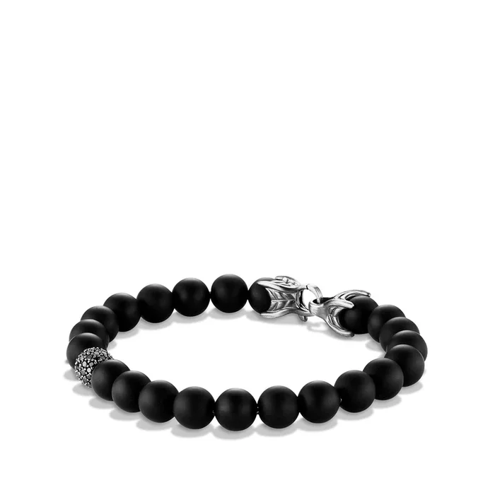 Spiritual Beads Bracelet in Sterling Silver with Black Onyx and Pavé Black Diamond Station, 8mm