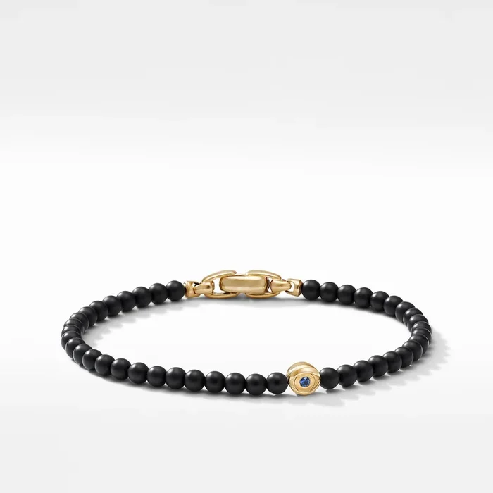 Spiritual Beads Evil Eye Bracelet with Black Onyx, Sapphire and 18K Yellow Gold, 4mm