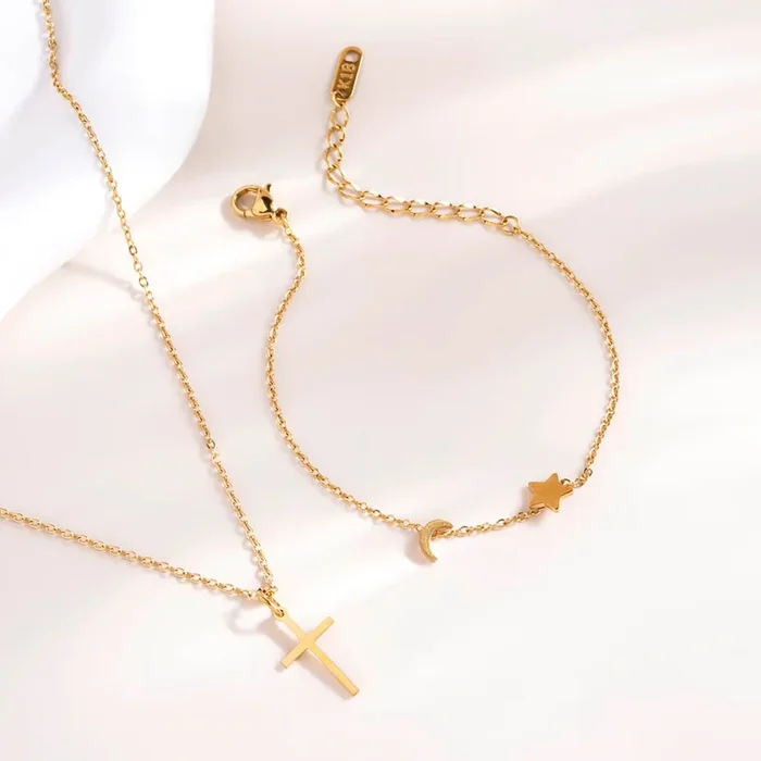 Star Moon Bracelet & Golden Cross Necklace Combo Set