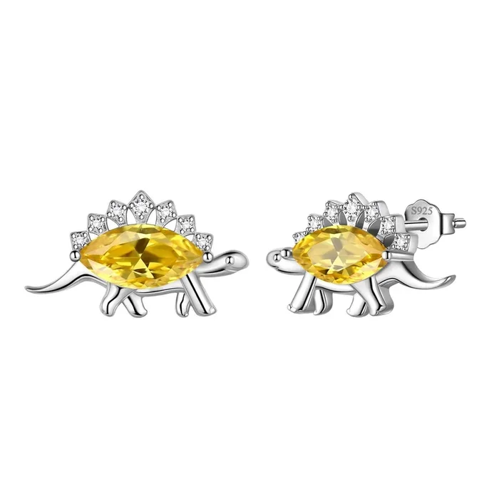 Stegosaurus Dinosaur Earrings November Citrine Birthstone Women Girls Jewelry Gift