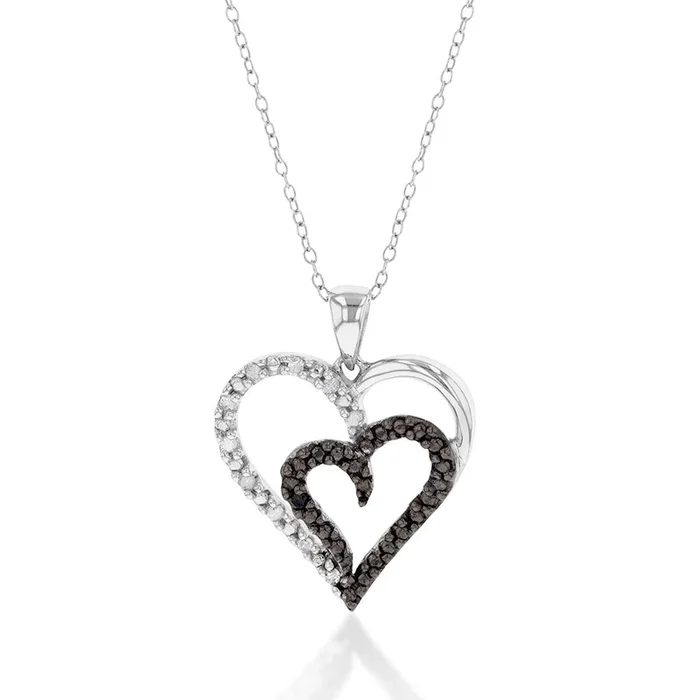 Sterling Silver 0.10 Carat Black and White Diamond Heart Pendant on 45cm Chain