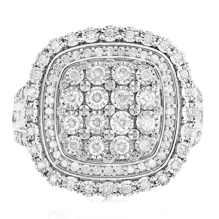 Sterling Silver 1 Carat Diamond Ring With 112 Brilliant & 22 Baguette Cut Diamonds