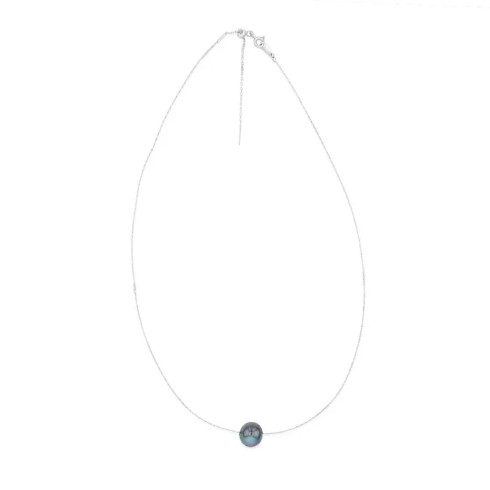 Sterling Silver 10-12mm Dyed Black Fresh Water Pearl On Adjustable Choker Chain
